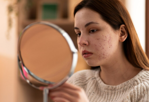 A woman looking at a mirror conscious with her face