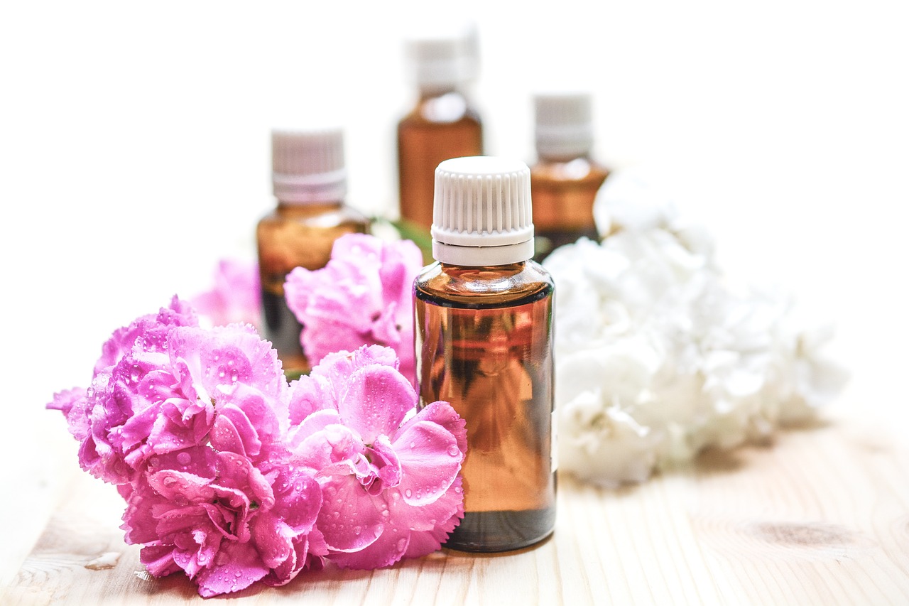 Lactic acid bottles with flowers beside